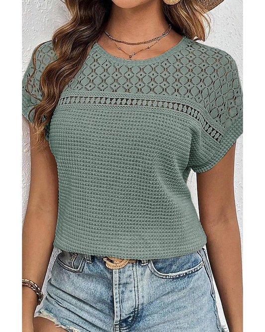 Lace Patchwork Waffle Short-Sleeve Top