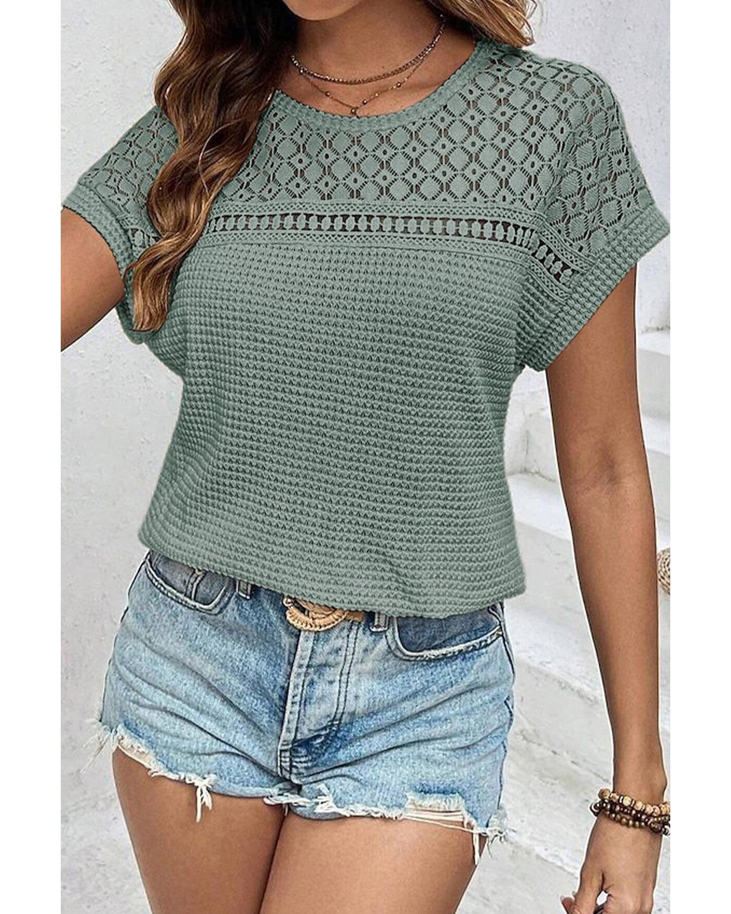 Lace Patchwork Waffle Short-Sleeve Top
