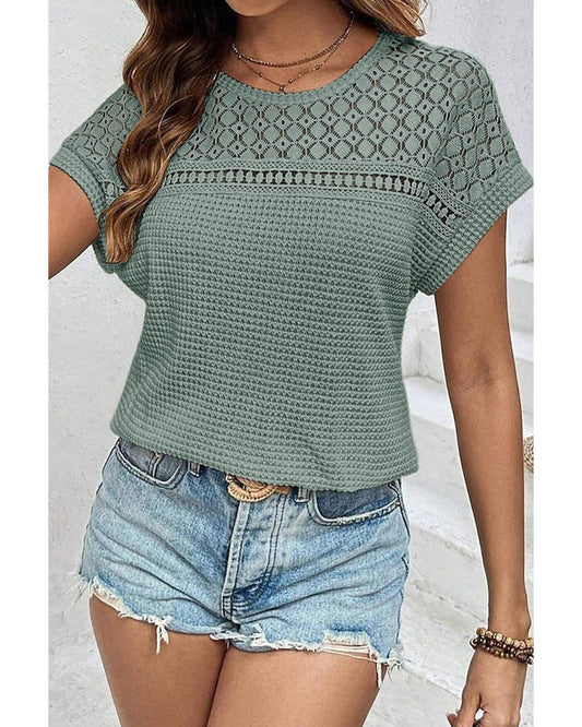 Lace Patchwork Waffle Short-Sleeve Top