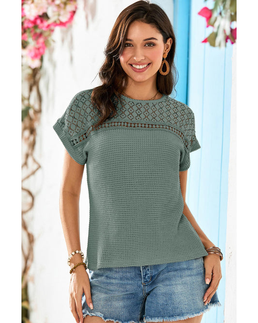 Lace Patchwork Waffle Short-Sleeve Top