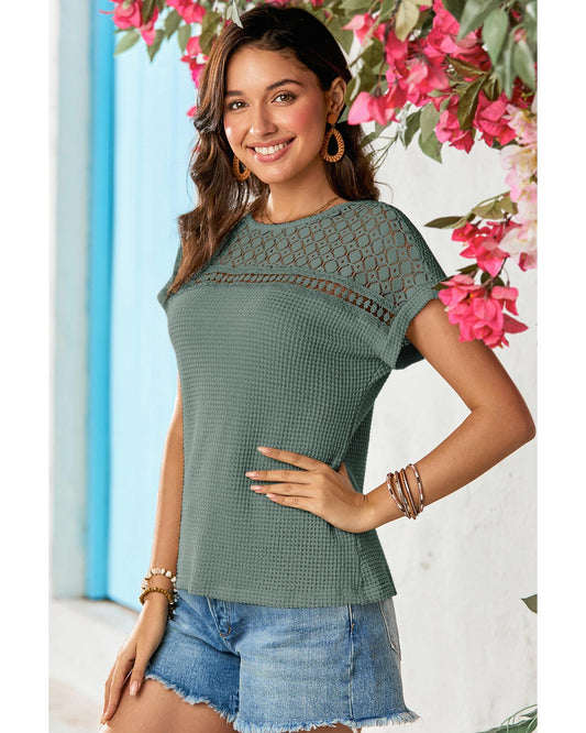 Lace Patchwork Waffle Short-Sleeve Top