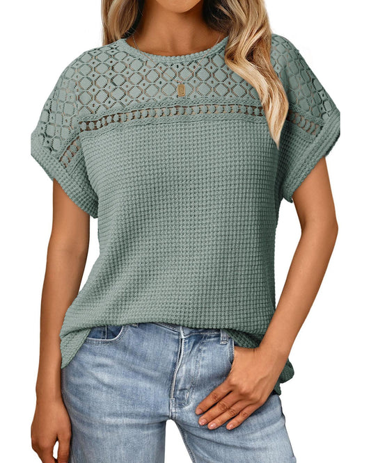 Lace Patchwork Waffle Short-Sleeve Top