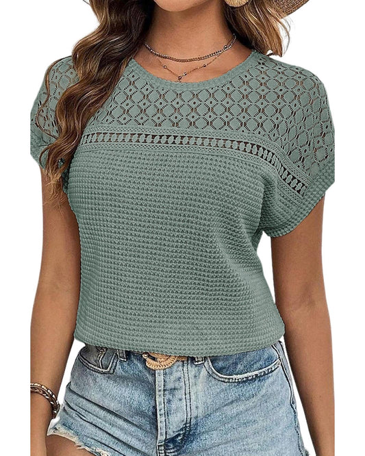 Lace Patchwork Waffle Short-Sleeve Top