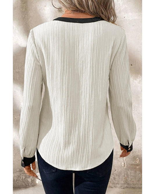White Textured V-Neck Blouse