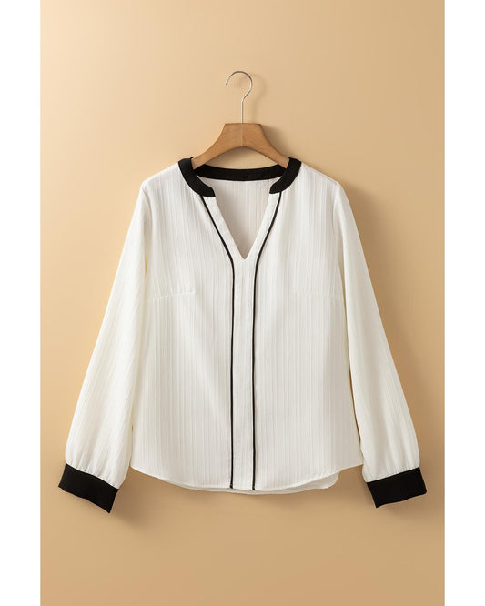 White Textured V-Neck Blouse