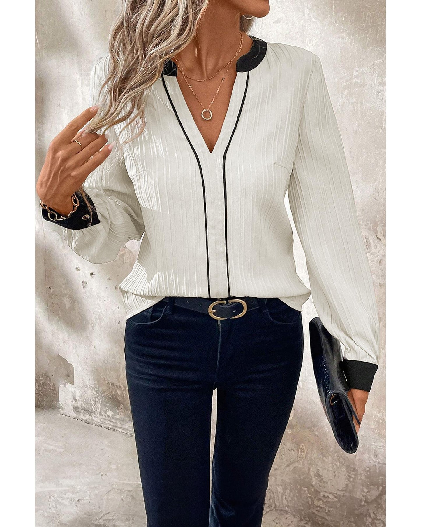 White Textured V-Neck Blouse