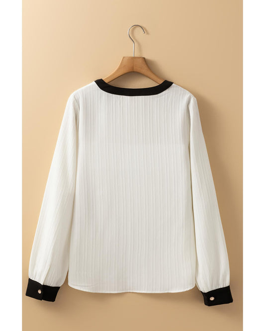 White Textured V-Neck Blouse