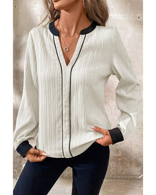 White Textured V-Neck Blouse