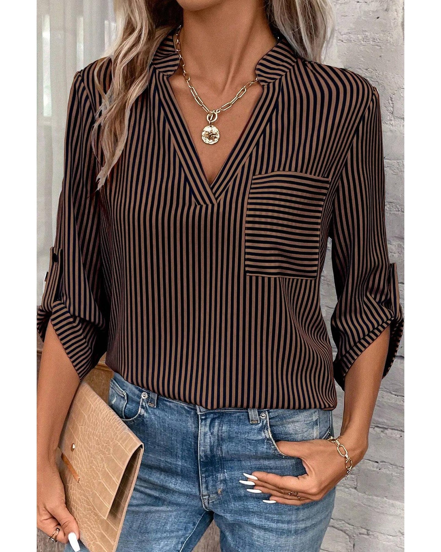 Brown Stripe V Neck Roll Up Sleeve Pocket Patched Classic Shirt