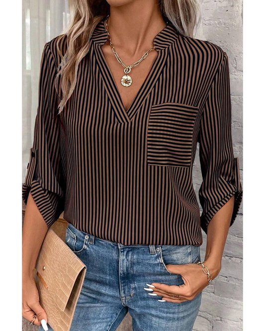 Brown Stripe V Neck Roll Up Sleeve Pocket Patched Classic Shirt
