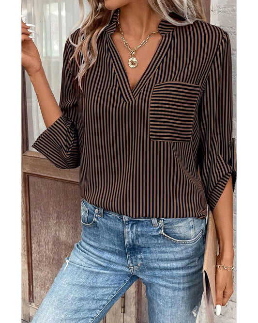 Brown Stripe V Neck Roll Up Sleeve Pocket Patched Classic Shirt