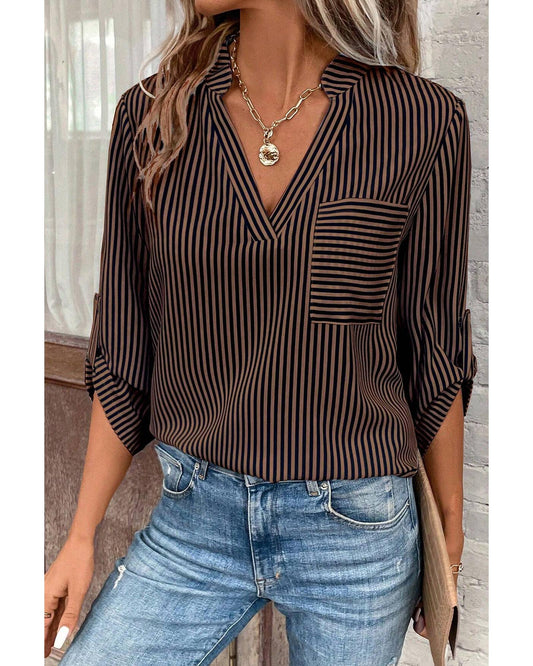 Brown Stripe V Neck Roll Up Sleeve Pocket Patched Classic Shirt