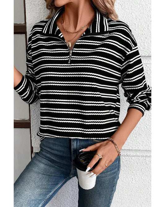 Black Stripe Textured Long Sleeve Top