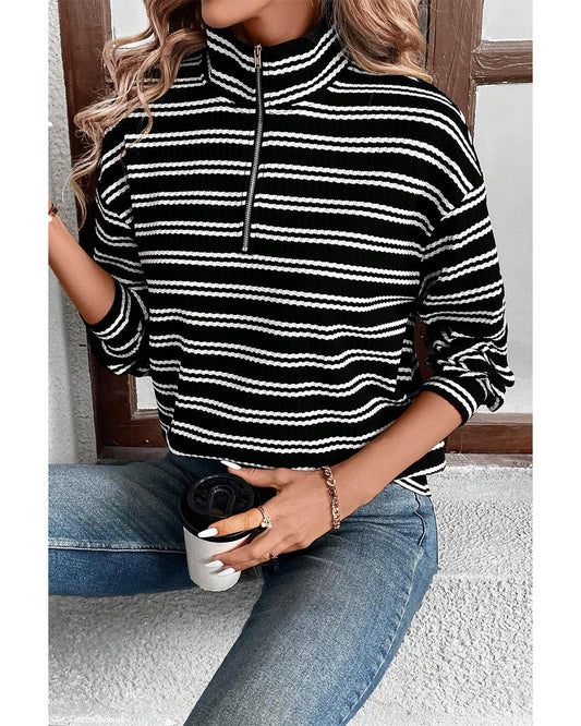 Black Stripe Textured Long Sleeve Top