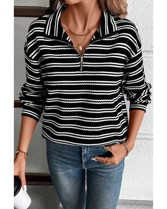 Black Stripe Textured Long Sleeve Top