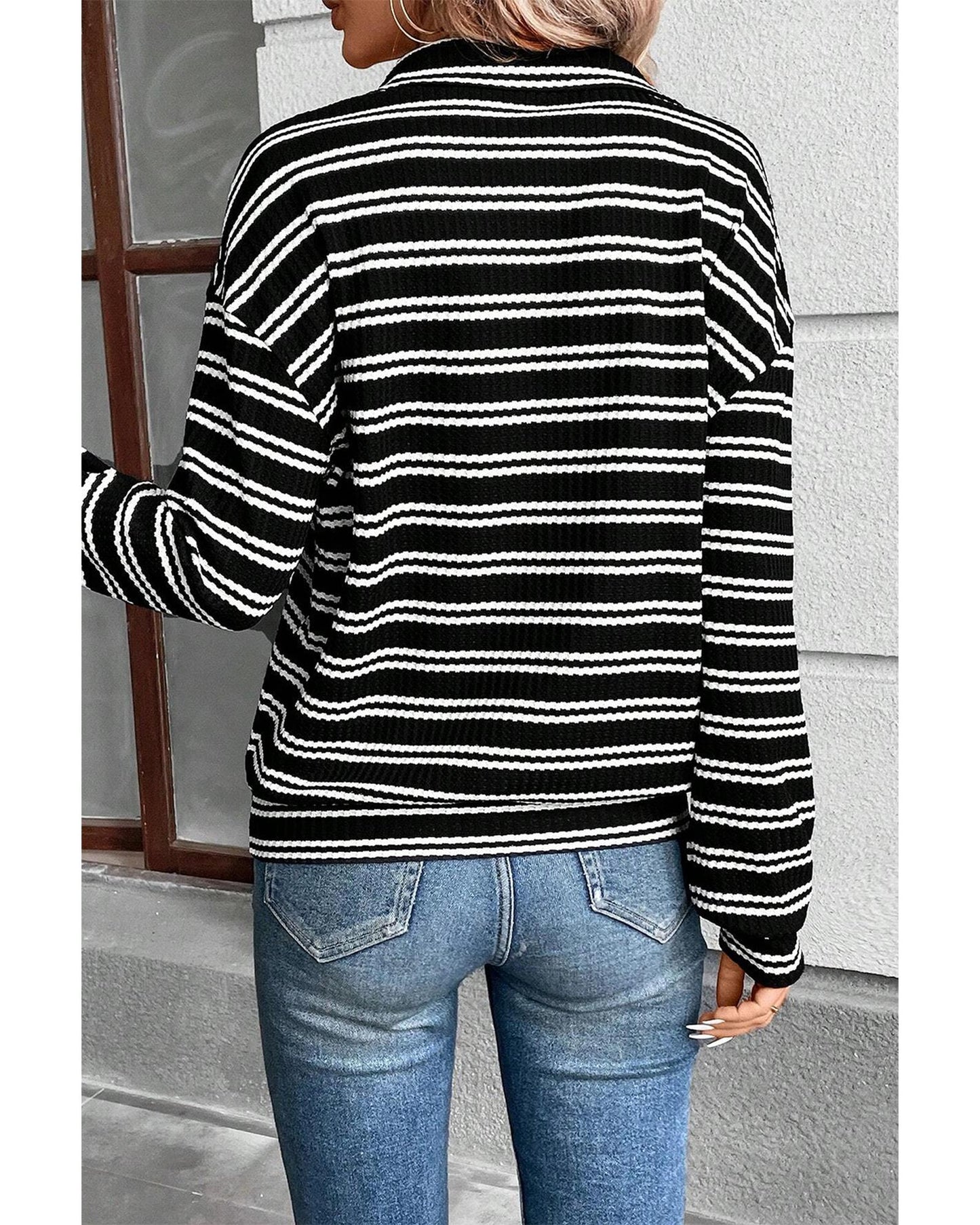Black Stripe Textured Long Sleeve Top