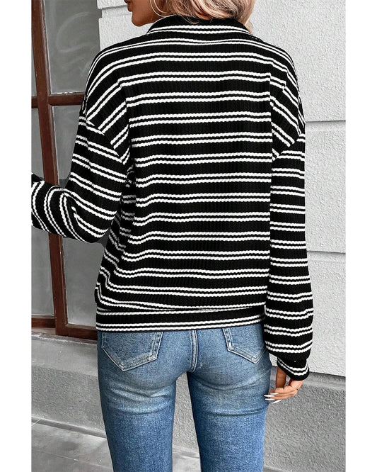 Black Stripe Textured Long Sleeve Top