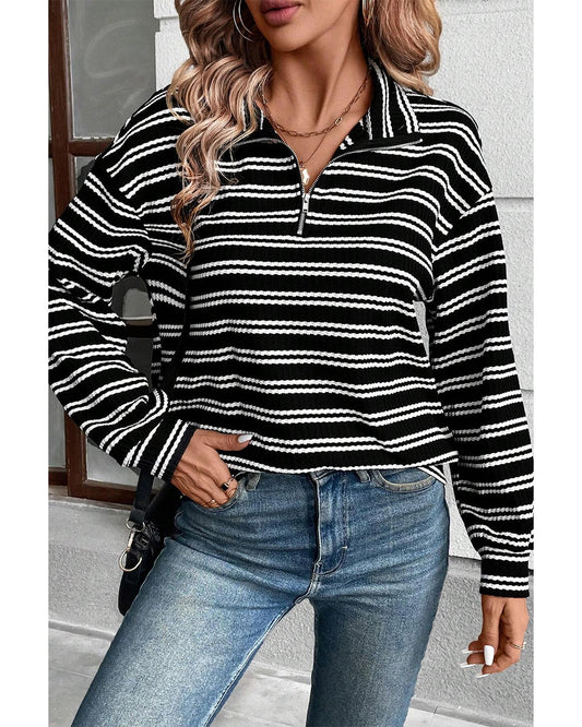 Black Stripe Textured Long Sleeve Top