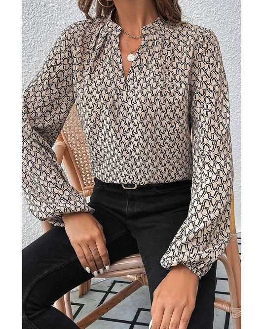 Geometric Print Notched Neck Puff Sleeve Blouse