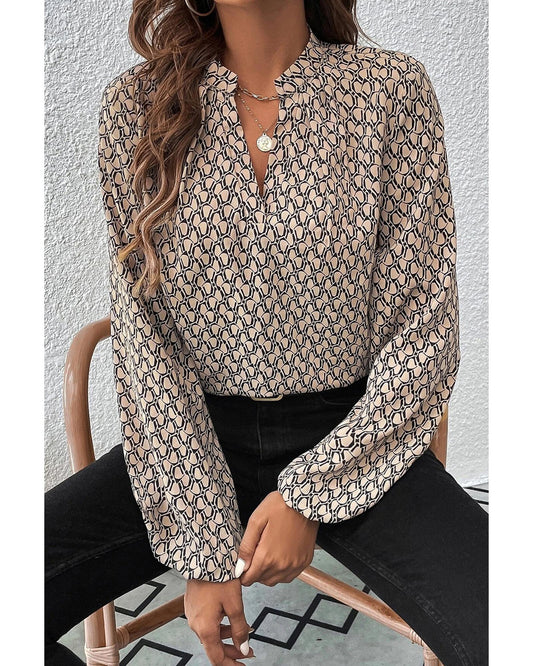Geometric Print Notched Neck Puff Sleeve Blouse