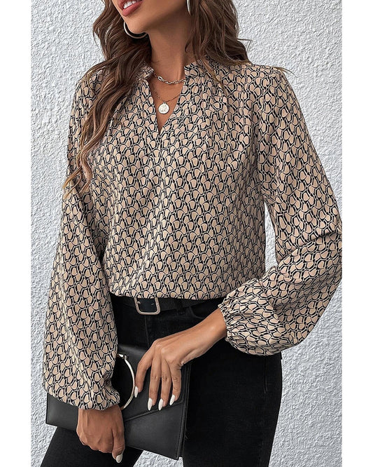 Geometric Print Notched Neck Puff Sleeve Blouse