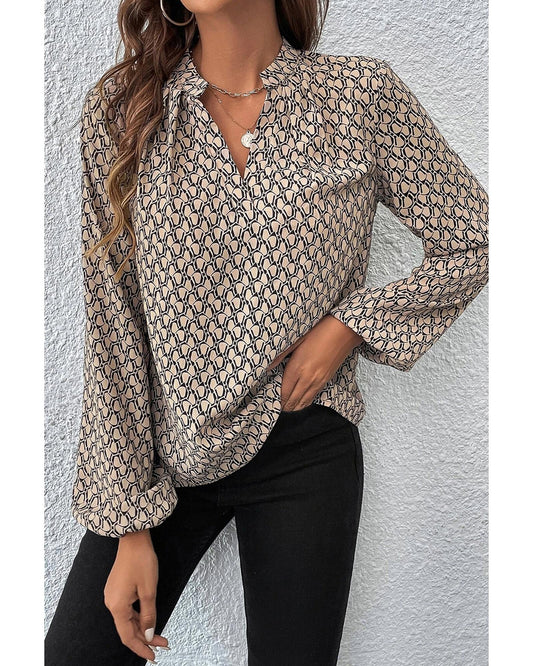 Geometric Print Notched Neck Puff Sleeve Blouse