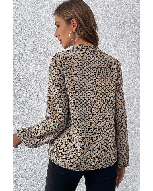 Geometric Print Notched Neck Puff Sleeve Blouse