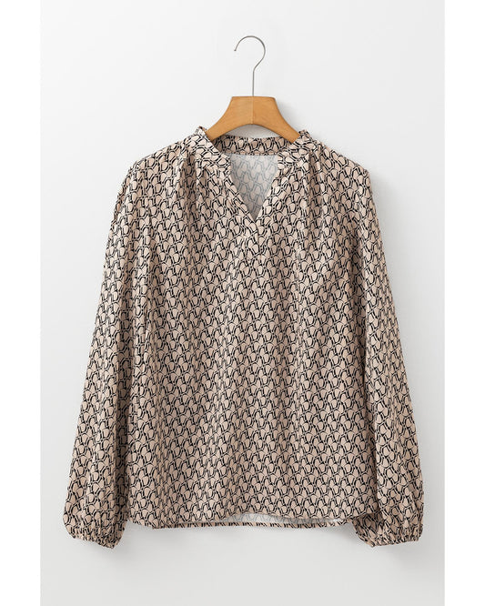 Geometric Print Notched Neck Puff Sleeve Blouse