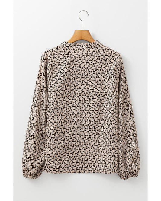 Geometric Print Notched Neck Puff Sleeve Blouse