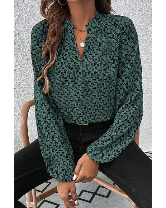 Geometric Print Notched Neck Puff Sleeve Blouse