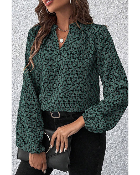 Geometric Print Notched Neck Puff Sleeve Blouse