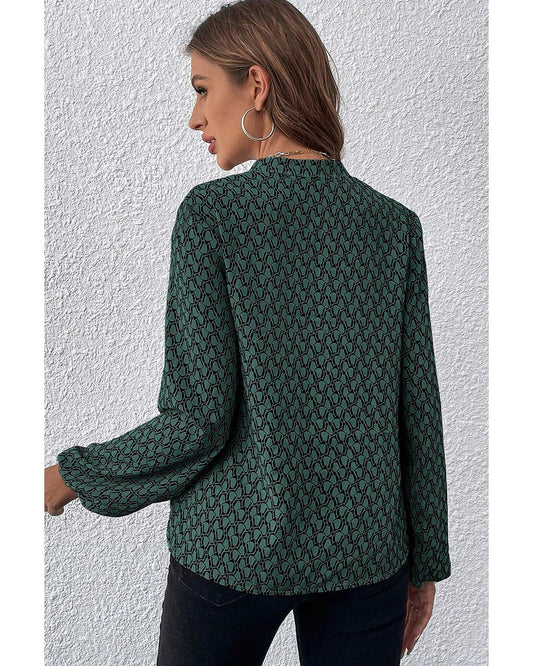 Geometric Print Notched Neck Puff Sleeve Blouse