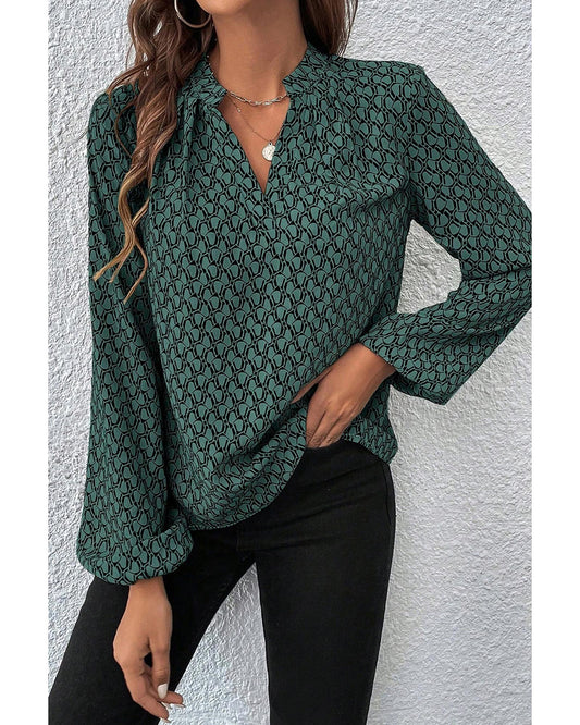 Geometric Print Notched Neck Puff Sleeve Blouse