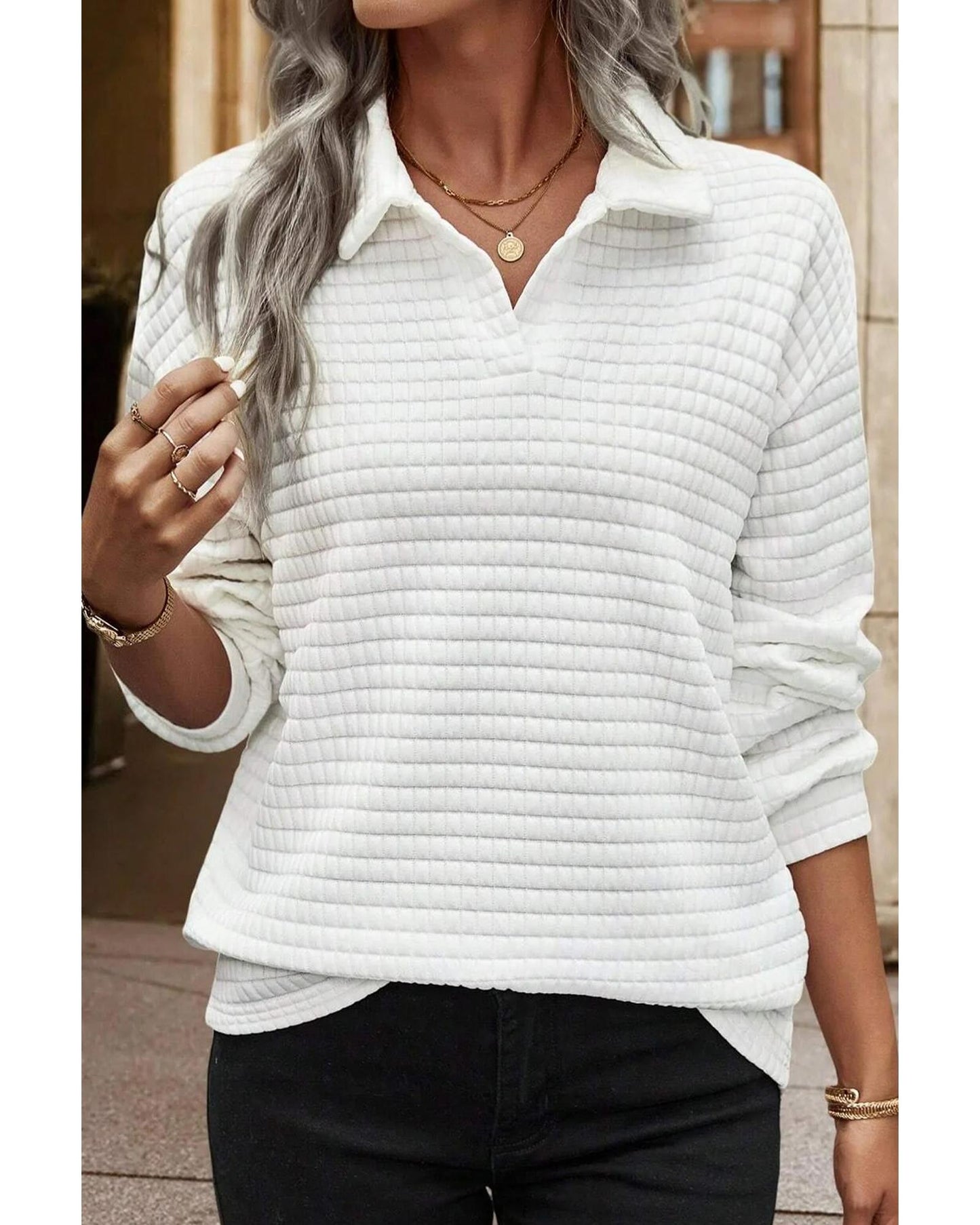 White Quilted Long-Sleeve Top