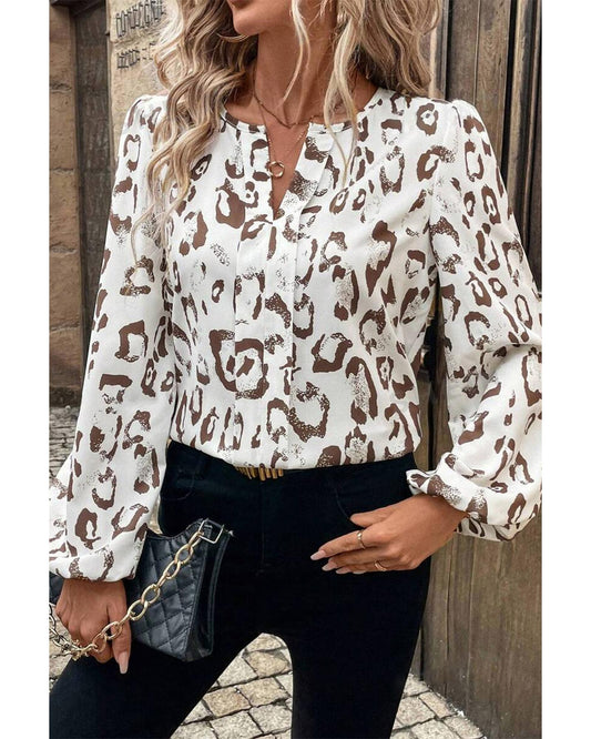 Khaki Leopard Print Split Neck Blouse
