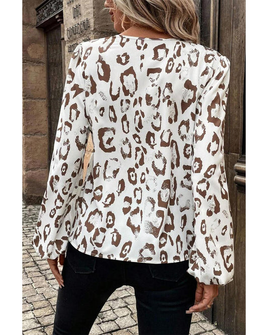 Khaki Leopard Print Split Neck Blouse