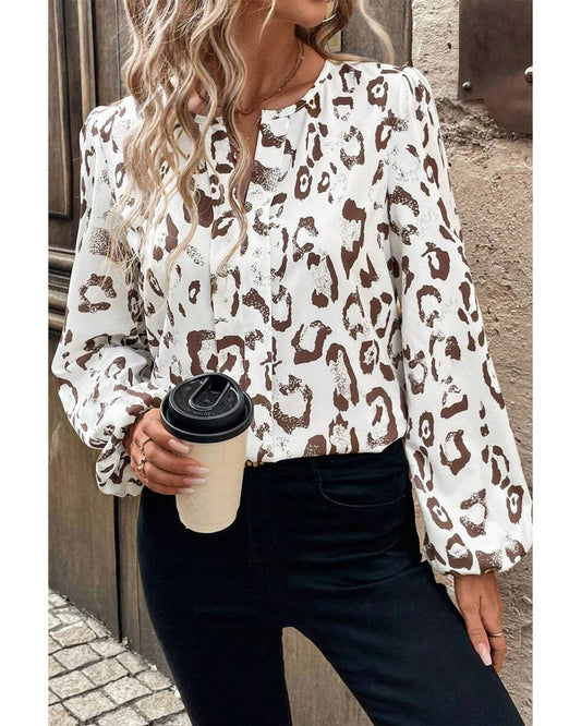 Khaki Leopard Print Split Neck Blouse