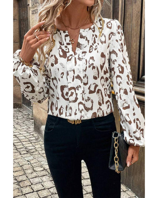 Khaki Leopard Print Split Neck Blouse