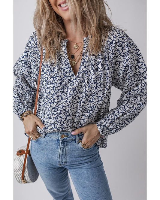 Blue Floral Print V Neck Puff Sleeve Blouse