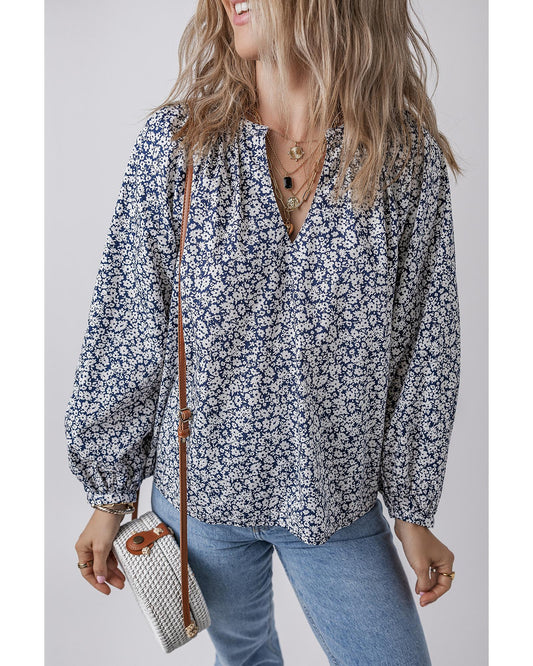 Blue Floral Print V Neck Puff Sleeve Blouse