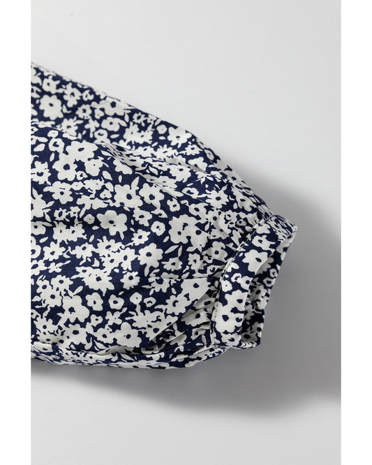 Blue Floral Print V Neck Puff Sleeve Blouse