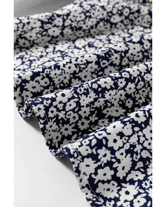 Blue Floral Print V Neck Puff Sleeve Blouse