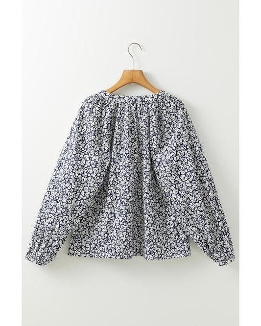 Blue Floral Print V Neck Puff Sleeve Blouse
