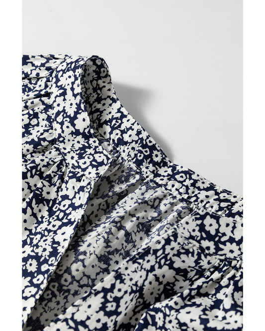 Blue Floral Print V Neck Puff Sleeve Blouse
