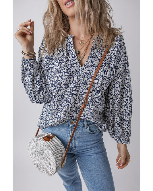 Blue Floral Print V Neck Puff Sleeve Blouse