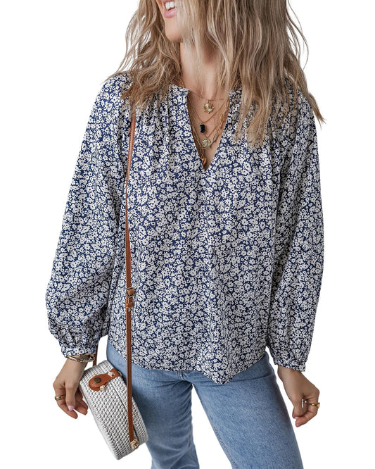 Blue Floral Print V Neck Puff Sleeve Blouse