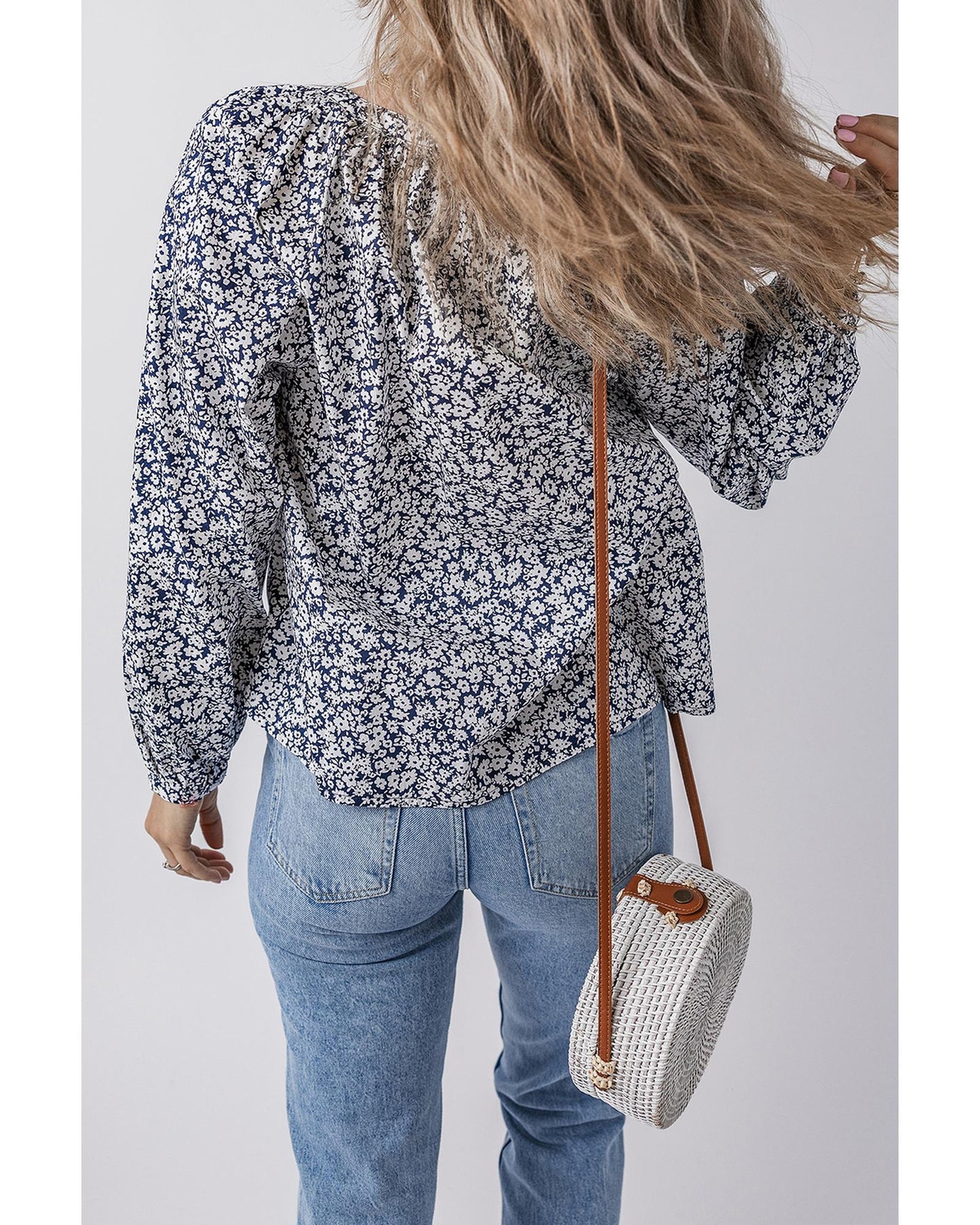 Blue Floral Print V Neck Puff Sleeve Blouse