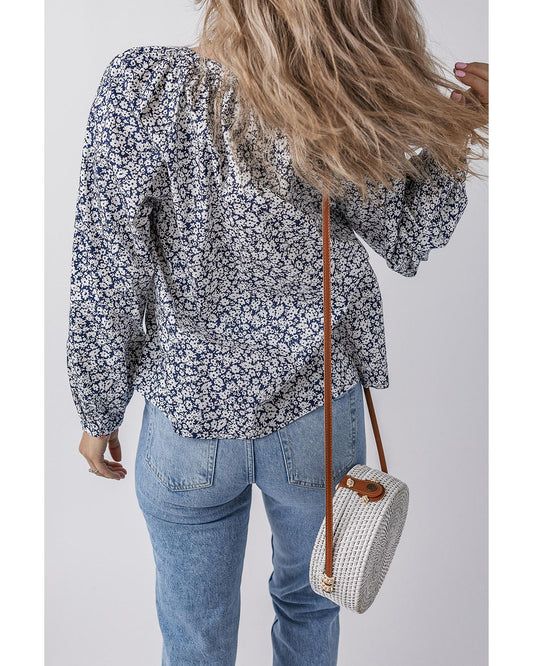 Blue Floral Print V Neck Puff Sleeve Blouse