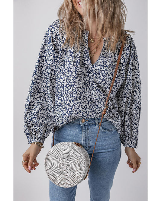Blue Floral Print V Neck Puff Sleeve Blouse