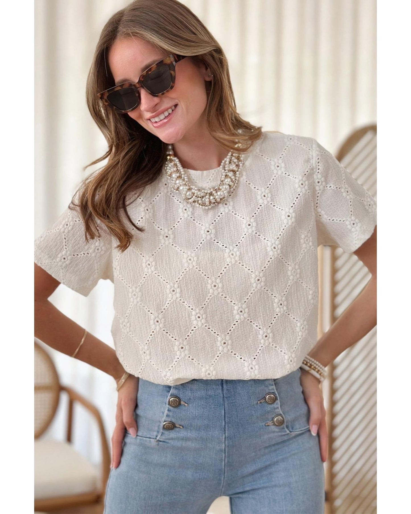 Geometric Embroidered Slim Fit O Neck Shirt